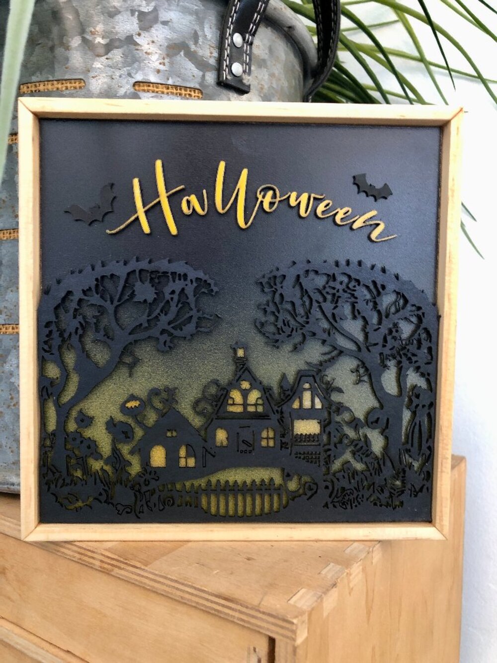 Halloween Hanging Wall Art: Spooky Haunted House with Flying Bats, Handmade
